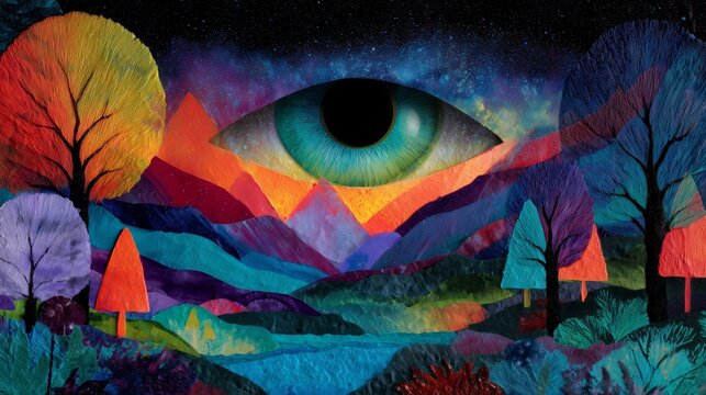 Vibrant eye watches over a colorful world full of trees, mountains, and emotions at dusk in a surreal landscape