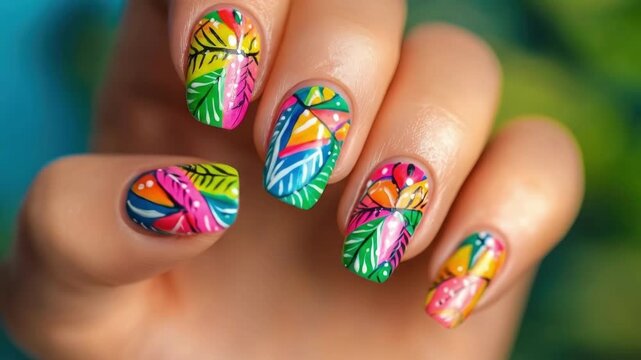 Vibrant tropical nail art with colorful leaf patterns on woman's hand. Cinco de Mayo, Battle of Puebla Day, Mexican Heritage Festival - Latin American Cultural Celebration