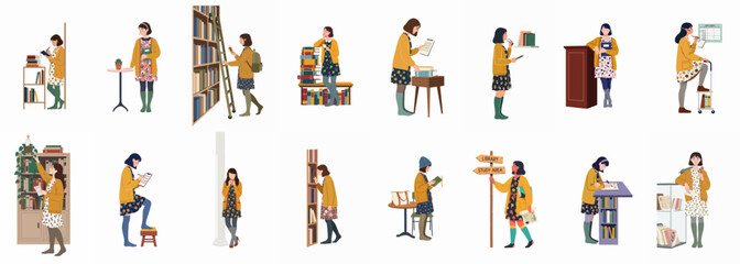 Illustration of a woman in various library-themed poses, including reading, writing, and browsing bookshelves in a yellow cardigan and floral dress. © Songo