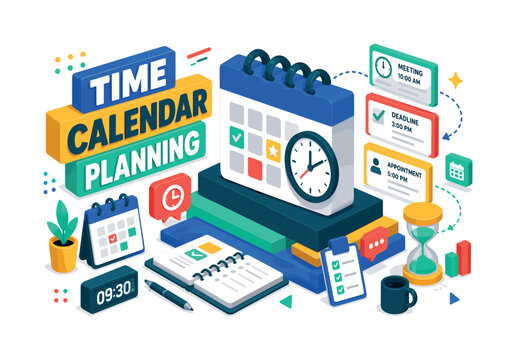 Time Calendar Planning , oversized calendar clock cube with bold geometric depth, stepped platform blocks and floating time cards, asymmetric editorial layout, electric blue and warm yellow with mint,