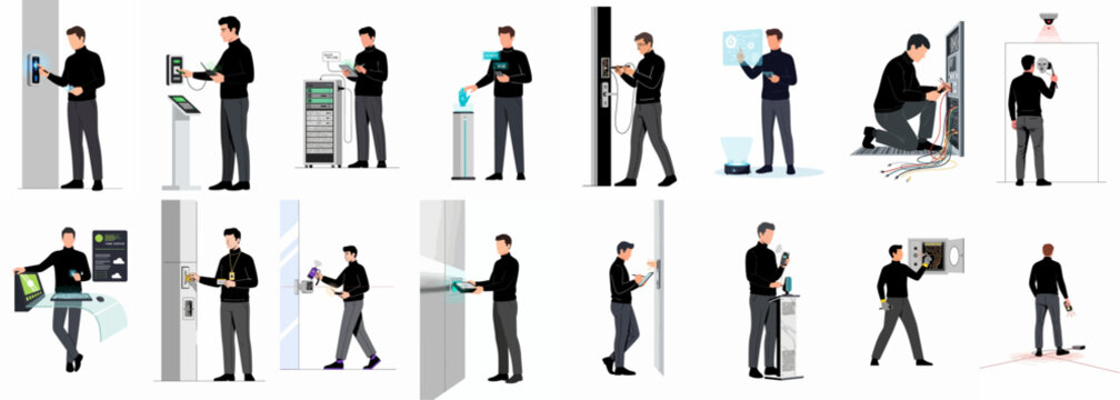 Flat illustration set depicting a man engaged in various high-tech security, surveillance, and hacking activities, from biometric scanning to server manipulation and digital lockpicking.