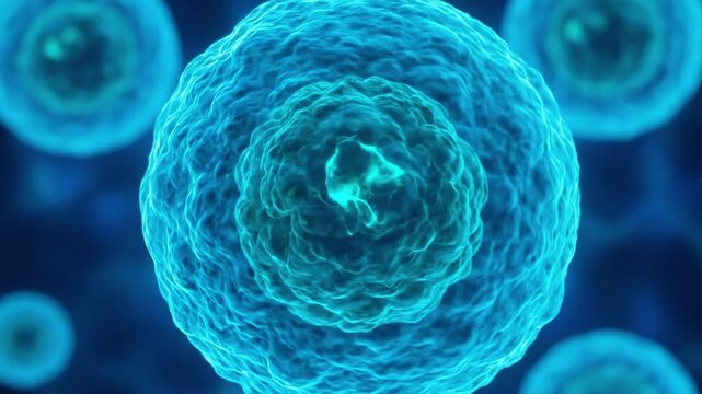 3D render of a microscopic biological cell with a nucleus. Suitable for education, scientific presentation, medical documentary, research video.