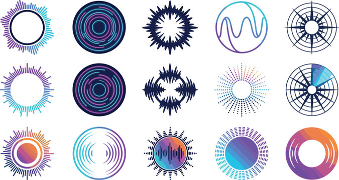Circular audio wave element set featuring colorful digital sound equalizers music frequency waves and radial equalizer ring symbols for tech interface design