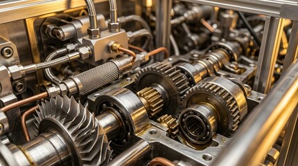 Fototapeta premium Close-up view of intricate industrial machinery with gears, shafts, and hydraulic lines, showcasing complex mechanical engineering.