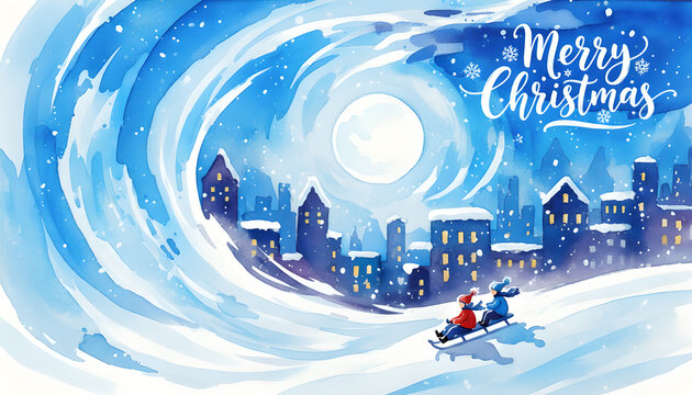 watercolor Christmas card. Merry Christmas watercolor card. winter greeting card with snow.  Watercolor artistic illustration of a cozy winter town. Magical winter landscape with kids.