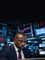 Fototapeta premium Generative AI, Black male trader intensely focused on stock market screens in a trading room