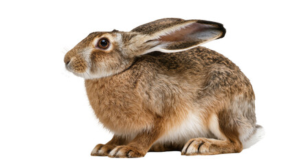 Brown hare with long ears sitting on white © Johanna