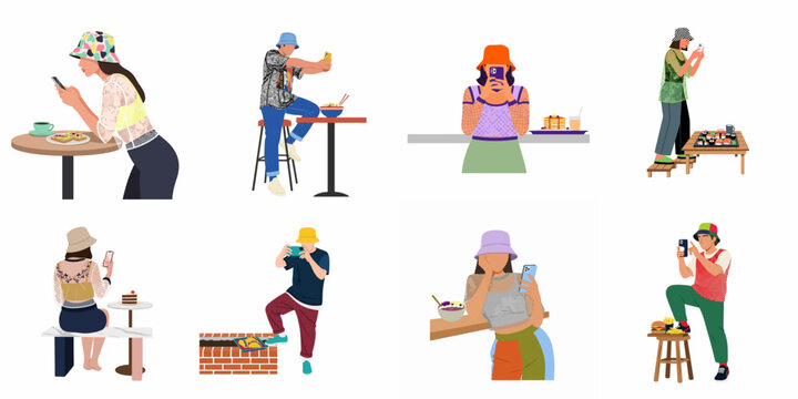 Flat vector illustration set of trendy young people using smartphones to photograph their food for social media content creation.
