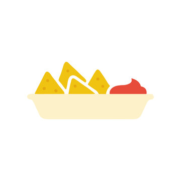 Tortilla chips with red salsa dip.