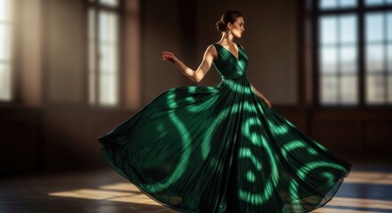 Fototapeta premium Woman Wearing Green Evening Gown Dancing.