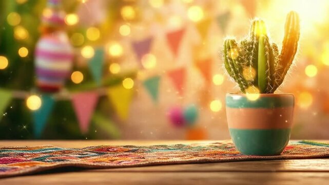 Colorful cactus in sunlit pot with festive background banners and lights. Cinco de Mayo, Battle of Puebla Day, Mexican Heritage Festival - Latin American Cultural Celebration