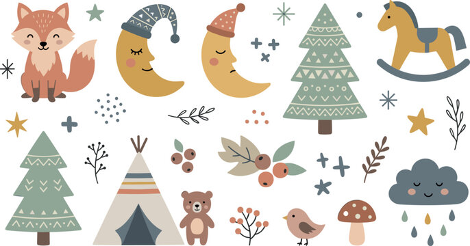 Cute boho nursery vector element set featuring woodland animals crescent moon sleeping cloud teepee tent and pine trees for baby shower design