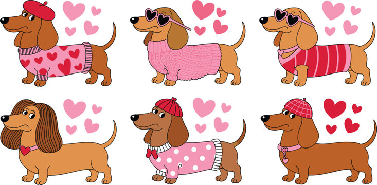 "Adorable cartoon dachshunds in pink sweaters and accessories with hearts for Valentine&rsquo;s Day love and celebration projects"