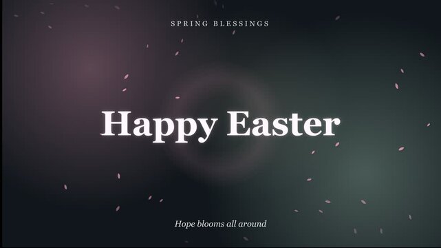 Elegant Happy Easter typography with falling petals on a moody dark background. Perfect holiday greeting, church slide, or seasonal video card