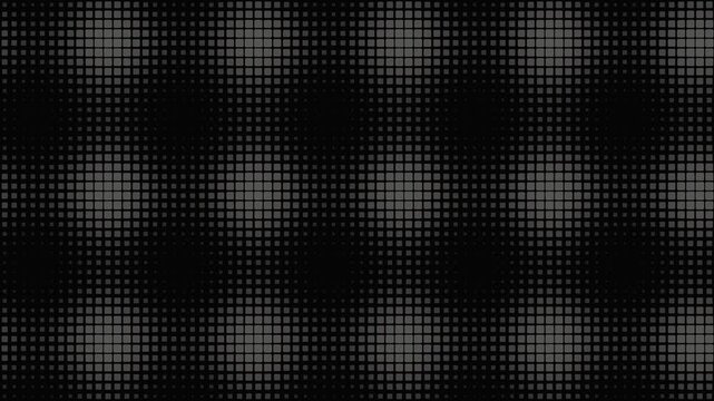 Minimalist monochromatic halftone grid background featuring a subtle undulating pattern of rounded grey squares on black, ideal for tech backdrops