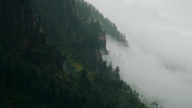 Green mountain forest landscape with clouds during monsoon season at Manali, Himachal Pradesh, India. Breathtaking nature travel background. Misty mountains during rainy day.