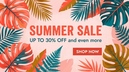Obraz premium Vibrant tropical leaf border frames a summer sale announcement with discount details and a call to action button, symbolizing seasonal shopping and warm weather promotions