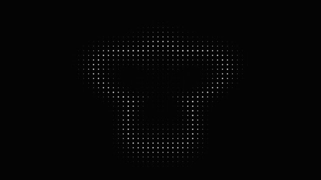 Minimalist 3D animation of a chef hat icon rotating on a black background. Built from a grid of white halftone dots, ideal for digital cooking and tech themed projects