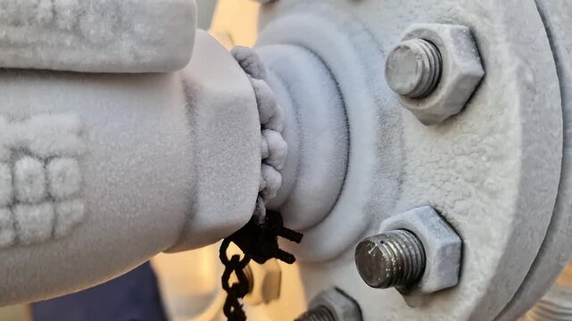 Sidoarjo, Indonesia - 4 June, 2026: Icy Condensation on Gas Plant Piping System Highlighting Extreme Pressure Drop and Industrial Maintenance