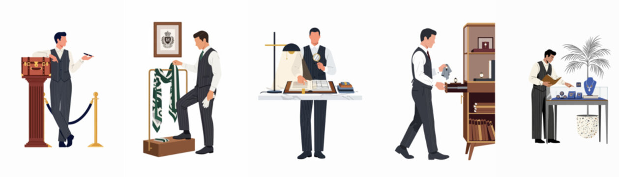 Professional butler and luxury service assistant set performing tasks like organizing accessories, examining antique books, and maintaining high-end jewelry and watches.