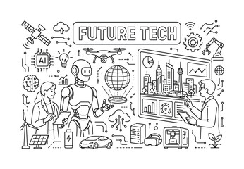 Obraz premium Future Technology Innovation. Clean outline line art banner with one wide future technology scene, two innovators beside oversized humanoid robot and giant smart city dashboard, small details
