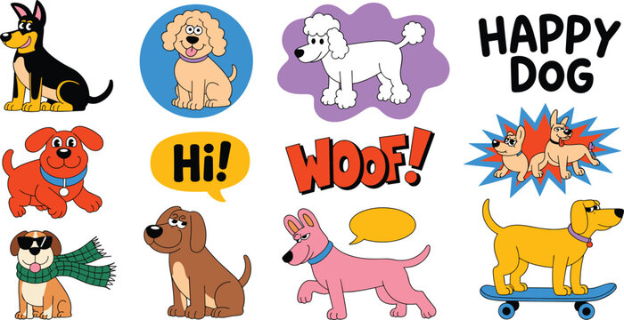 "Playful cartoon dogs vector illustration with accessories, speech bubbles, and cheerful expressions for fun pet de