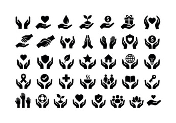 Fototapeta premium Cupped Hands Support. Solid glyph icon set of cupped hands and support: cupped hands, hand holding heart, hand holding water, hand holding seedling, hand holding coin, hand holding gift, support