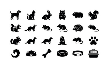 Obraz premium Small Furry Pets. Solid glyph icon set of pet icons with rabbit hamster squirrel: dog, cat, rabbit, hamster, guinea pig, squirrel, chipmunk, ferret, mouse, rat, hedgehog, gerbil, chinchilla, weasel,