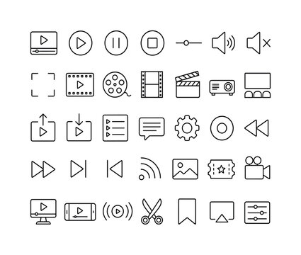 Media Player Cinema. Line icon set of media player, video player and cinema symbols: media player screen, play button, pause button, stop button, timeline bar, volume speaker, mute, full screen, video