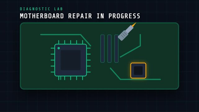 Digital Motherboard Repair Process Animation Showing System Restoration Progress.