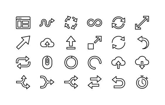 Continuous Backup Arrows. Line icon set of user interface icons: multitasking window, undulating arrow, rotating arrows, continuous loop, clockwise angled arrows, size handle, incentive arrow, backup