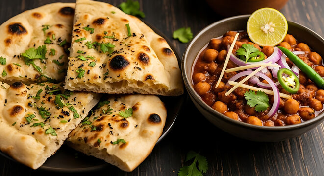 Chana masala served with fresh naan bread is arranged on a dark rustic wooden restaurant table.