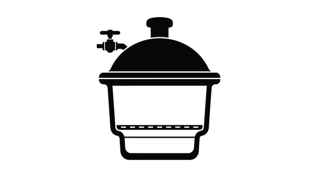 Minimalist black and white vector illustration of a laboratory desiccator with a side valve for scientific research and chemical storage equipment on a white background