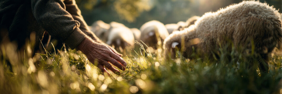 A farmer is kneeling in a sunlit meadow. He reaches out to touch or guide sheep around him. The scene shows the farmer interacting with the animals during a bright day
