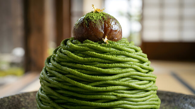 Mont blanc cake with green tea flavor, served against a Japanese house background indoors. Fusion menu between Asia and Western cultures