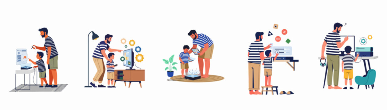Set of illustrations depicting a father and son bonding over various modern technologies, video games, and digital entertainment devices in a home setting.