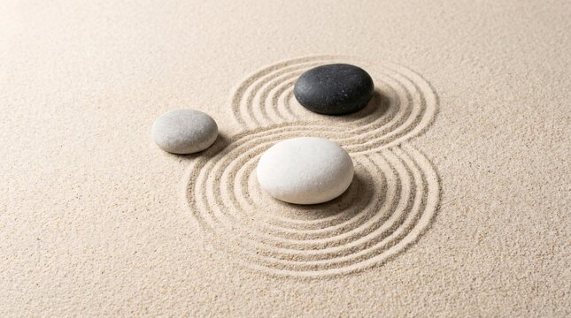Zen garden with three smooth stones arranged on raked sand with concentric circles.