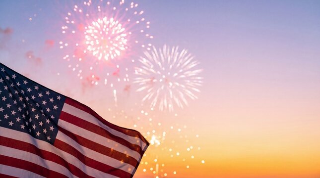 Patriotic American flag with fireworks at sunset, United States national flag against evening sky, 4th of July celebration background with copy space