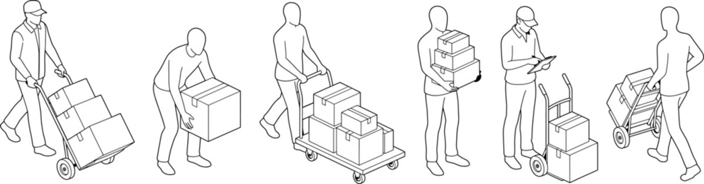 Set of delivery people with boxes and equipment, courier service workers carrying parcels and using hand trucks isolated on white background transparent background