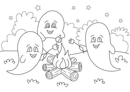 Cute ghosts roasting marshmallows by campfire &ndash; Halloween coloring page outline
