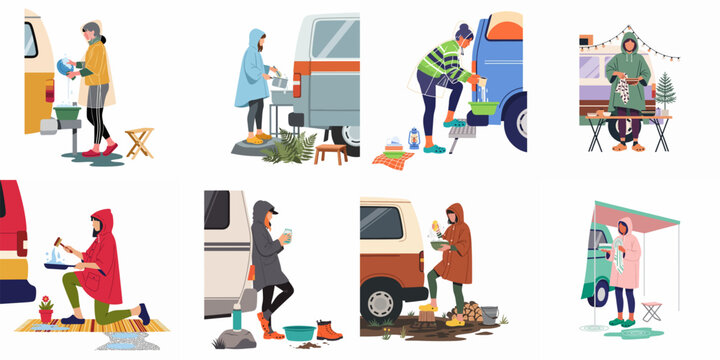 Collection of illustrations showing women in rain ponchos washing dishes outside their camper vans during a rainy camping trip