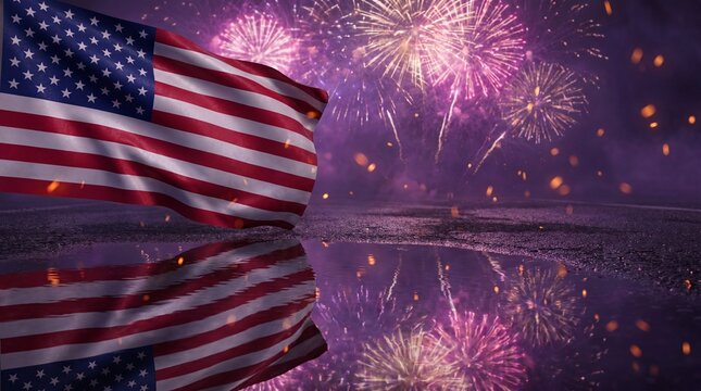 American flag waving with fireworks background, patriotic USA celebration with water reflection, 4th of July Independence Day festive night scene