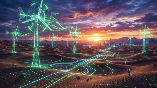 Futuristic renewable energy grid with wind turbines and drones in desert landscape at sunset