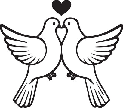 Two white doves facing each other with their beaks almost touching, forming a heart shape with their heads, under a black heart symbol.