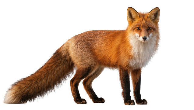 Red fox standing profile view with bushy tail