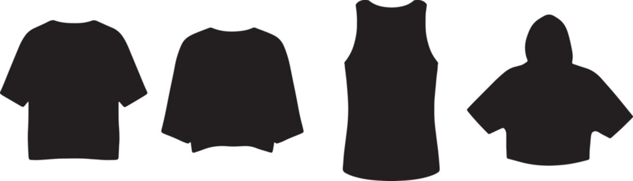 Set of various apparel silhouettes featuring t-shirt crop top tank top and hoodie design.