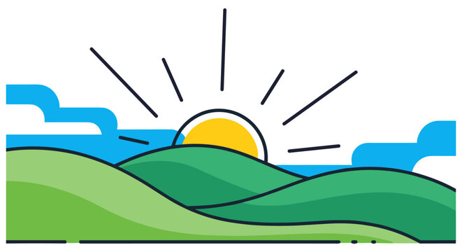 Sunrise over green hills with blue sky and stylized sun vector illustration landscape illustration sunlight background minimalist