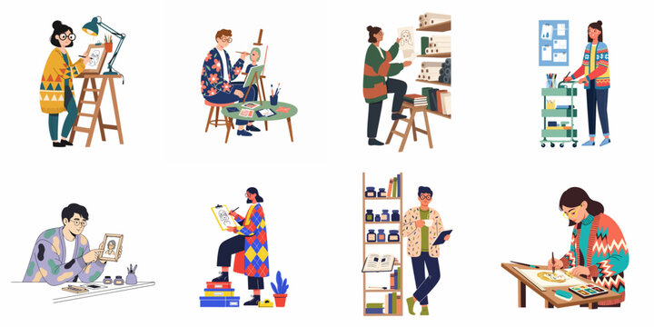 A collection of diverse artists and illustrators working in their creative home studios, showcasing painting, sketching, and organizing art supplies.