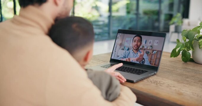 Family, video call and doctor at house with laptop screen, consultation and symptoms for diagnosis. Father, child or pediatrician in home with pc, online appointment or telehealth for health advice