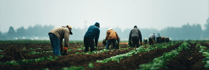 Obraz premium Several seasonal agricultural workers are harvesting vegetables side by side. They move in rhythm, focused on picking crops in a large garden under the open sky